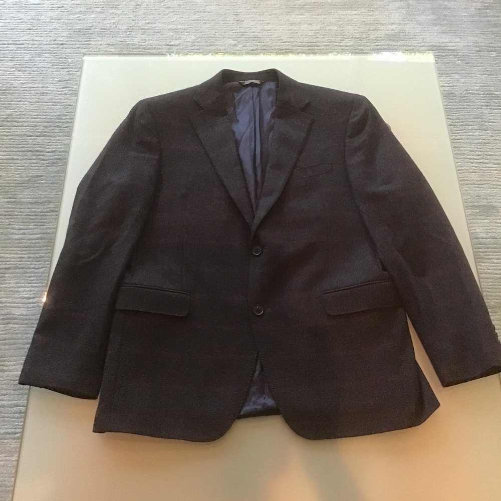 Saks Fifth Avenue 100% Cashmere Sport Coat Mens 42S Slim Fit Navy Plaid Blazer